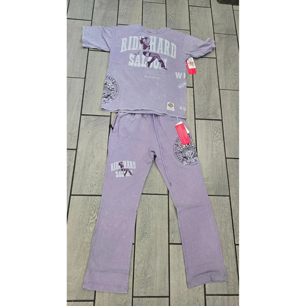 Gunzinii Denim Co Ride Hard Saloon Purple Mineral Wash Shirt and Pants Set M